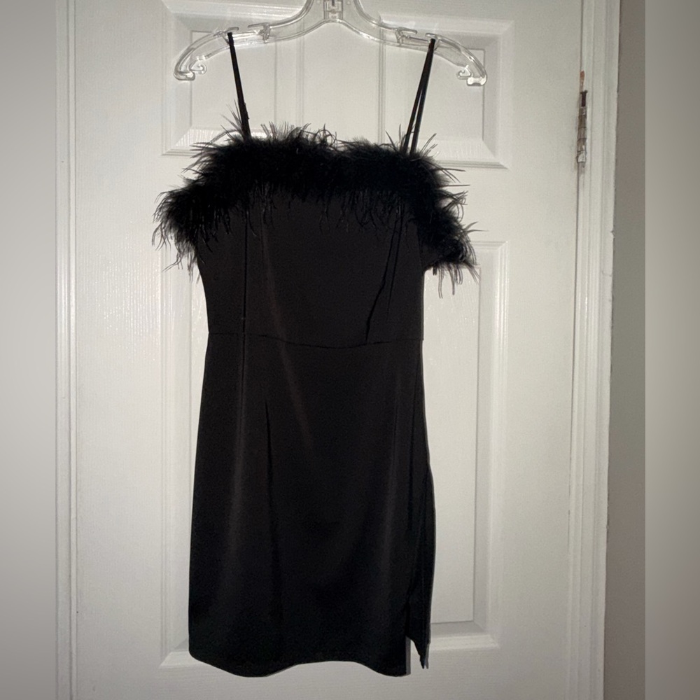 Brand New Feather Trim Black Mini Dress